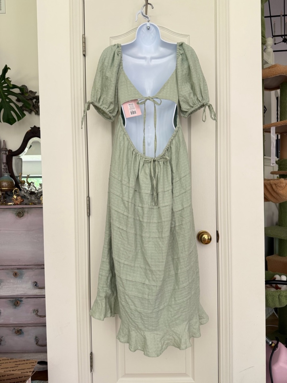 Showpo Dress Sage Green US 4 Cotton Gauze Puff Sleeve Open Back Midi Cottagecore - Picture 4 of 12